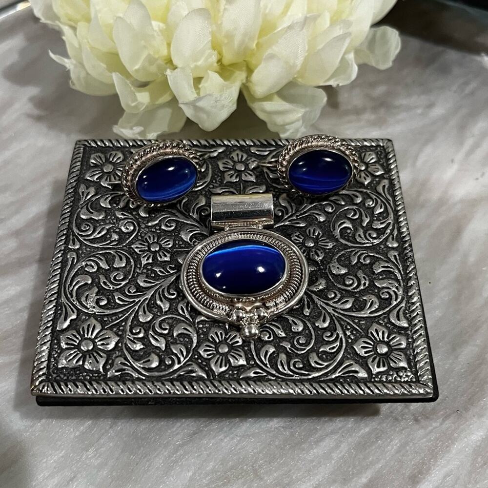 Vintage Mexican Taxco 925 Sterling Silver Cabochon Cut Cats Eye Pendant Earrings - Picture 12 of 15
